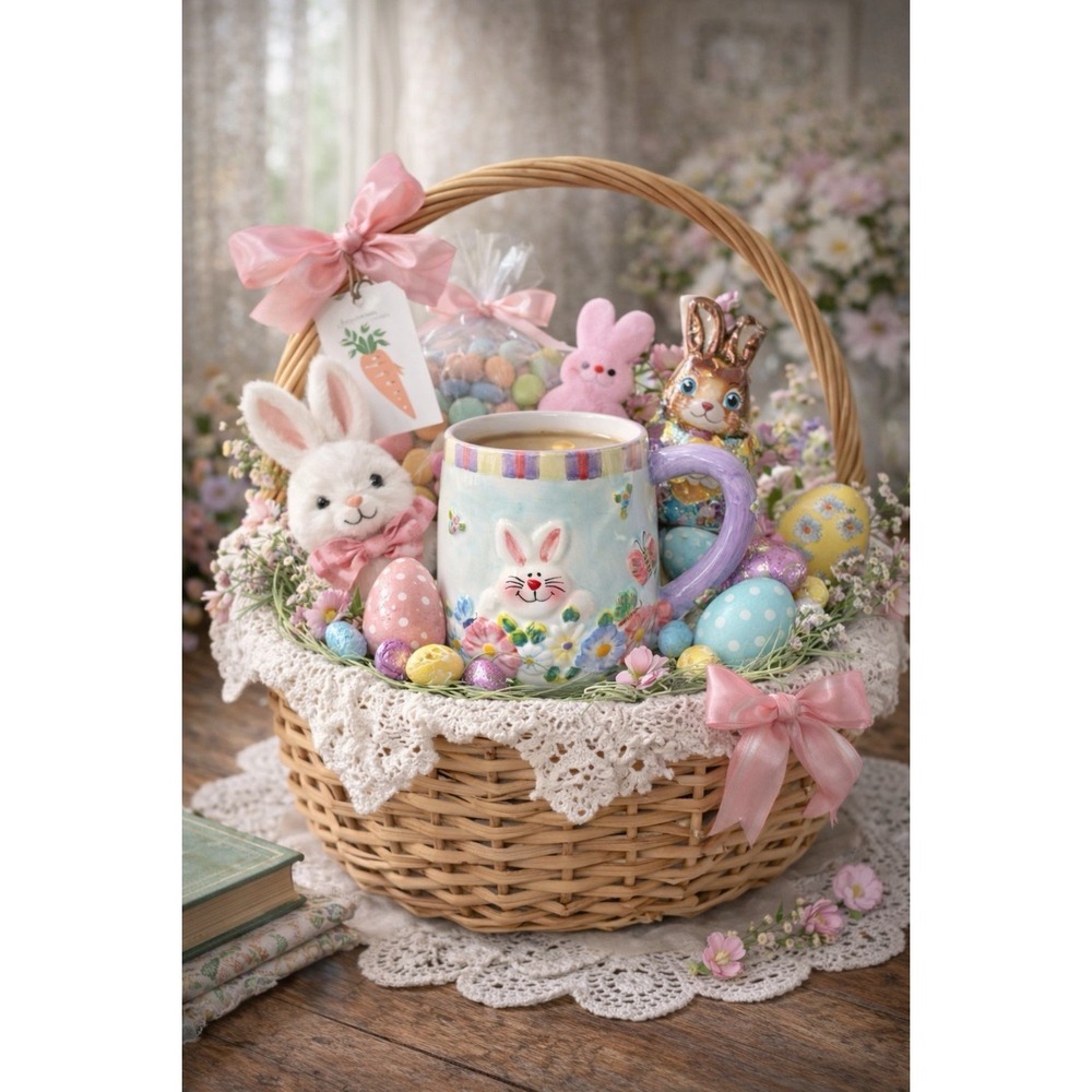 Cooks Club Spring Coffee/tea Mug Easter Bunny Rabbit Striped Cup Cottagecore‎